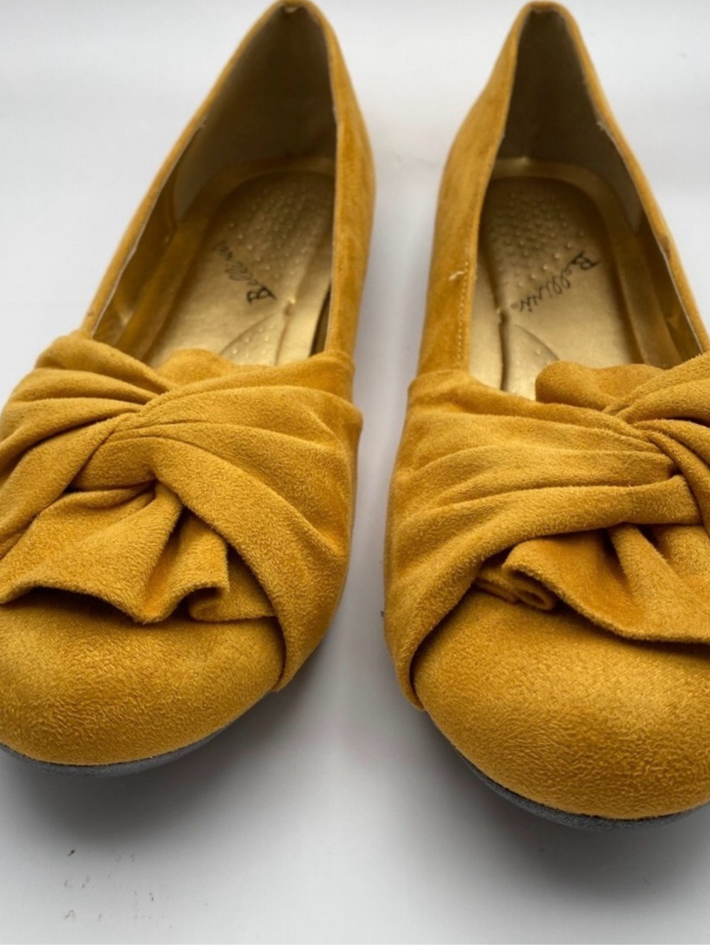 Bellini Snug Mustard Yellow Textile Faux Suede Bow Flats 13W Wide